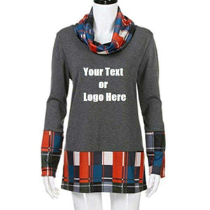 Custom Personalized Design Your Own Turtleneck Cowl Neck Plaid Patchwork Pullover Long Sleeve Sweatshirt Cotton Tonic Tops