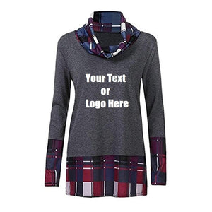 Custom Personalized Design Your Own Turtleneck Cowl Neck Plaid Patchwork Pullover Long Sleeve Sweatshirt Cotton Tonic Tops