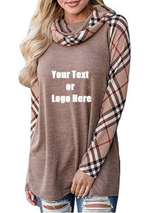 Custom Personalized Design Your Own Turtleneck Cowl Neck Plaid Patchwork Pullover Long Sleeve Sweatshirt Cotton Tonic Tops