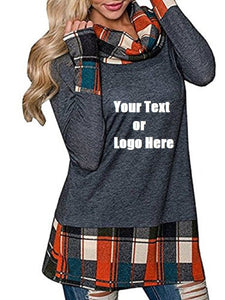 Custom Personalized Design Your Own Turtleneck Cowl Neck Plaid Patchwork Pullover Long Sleeve Sweatshirt Cotton Tonic Tops