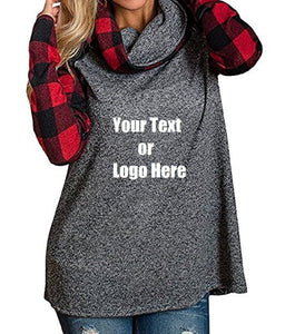 Custom Personalized Design Your Own Turtleneck Cowl Neck Plaid Patchwork Pullover Long Sleeve Sweatshirt Cotton Tonic Tops