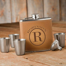 Load image into Gallery viewer, Personalized Durango Monogrammed Hide Stitch Flask &amp; Shot Glass Gift Box Set