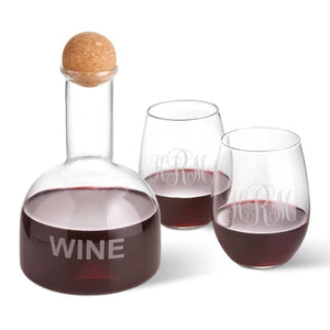 Personalized Wine Decanter in Wood Crate with set of 2 Stemless Wine Glasses | JDS