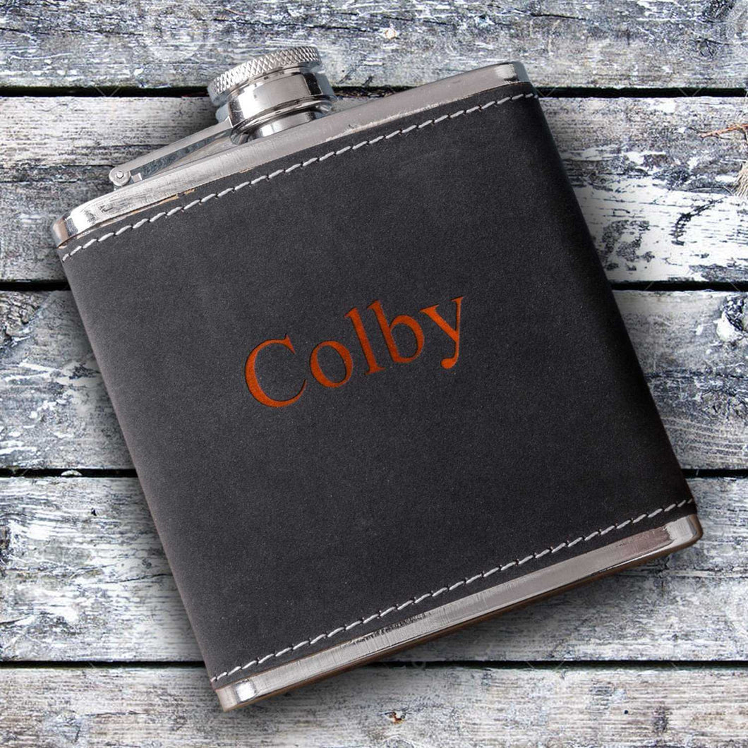 Personalized 6oz Suede Flask with Orange Lettering | JDS